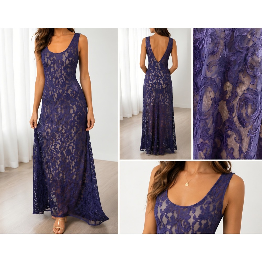 VTG Victoria's‎ Secret Gold Label Purple Burnout Slip Dress Sheer Maxi Gown M